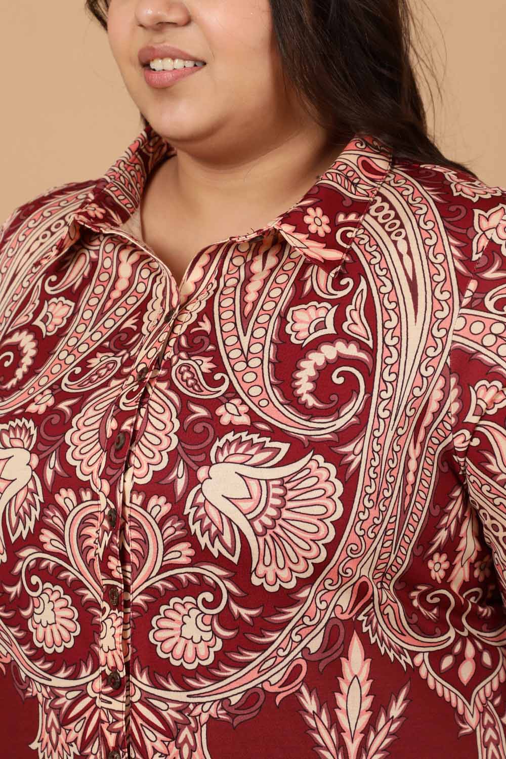 Comfortable Plus Size Maroon Luxe Ethnic Print Kurta Cum Shrug