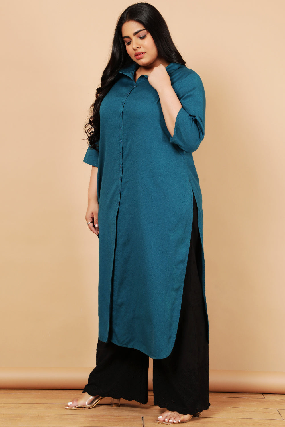 Teal Cotton Linen Kurta Shrug
