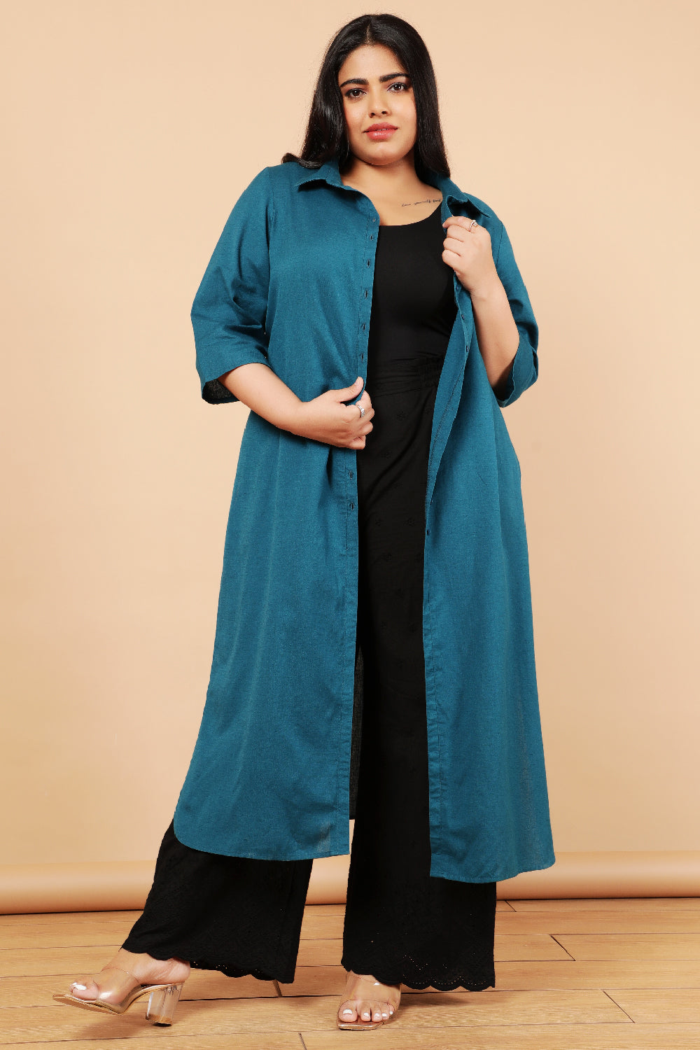 Teal Cotton Linen Kurta Shrug