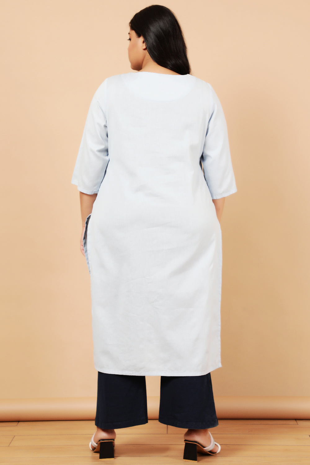 Sky Blue Cotton Linen V Neck Centre Pleat Kurti