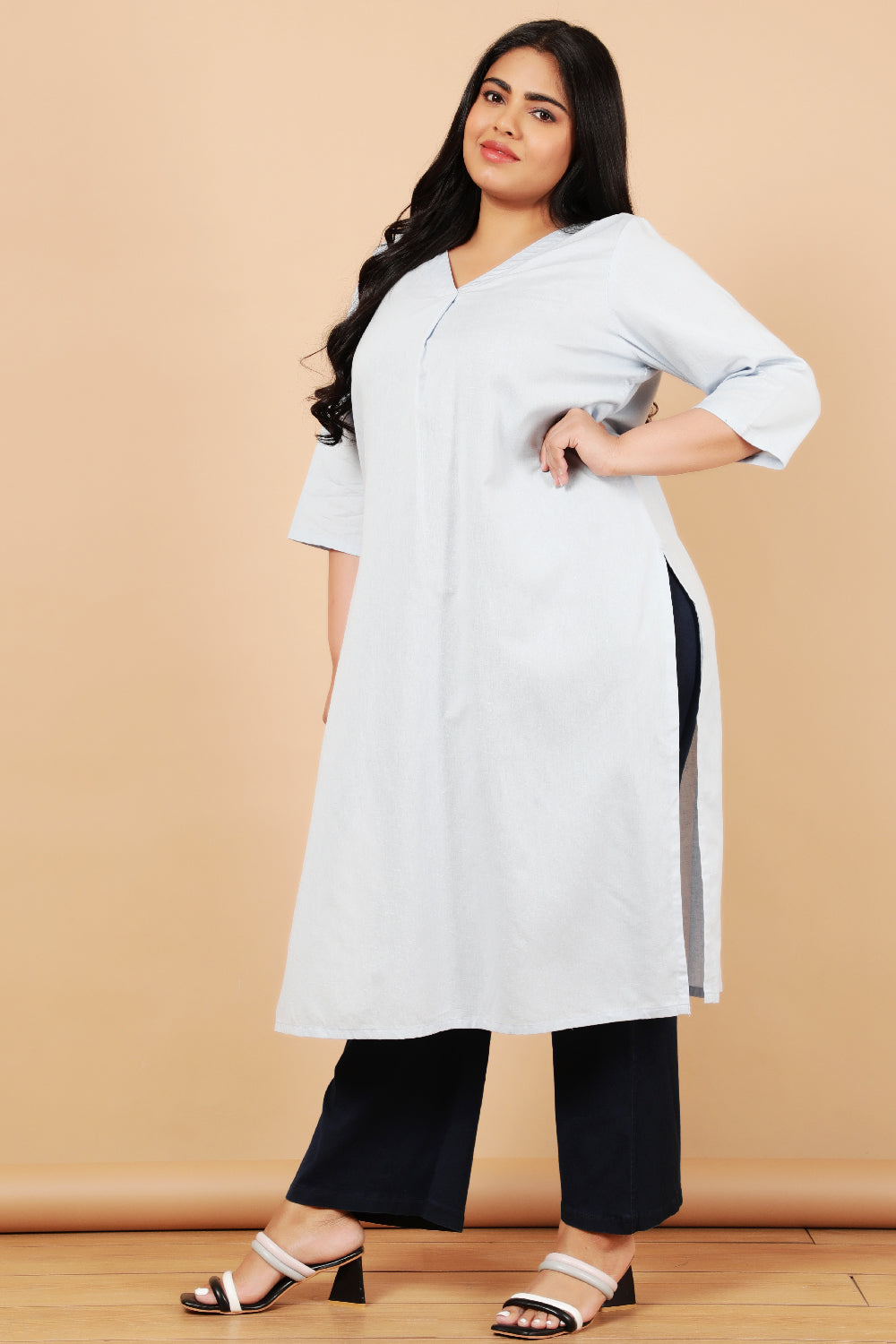 Plus Size Sky Blue Cotton Linen V Neck Centre Pleat Kurti