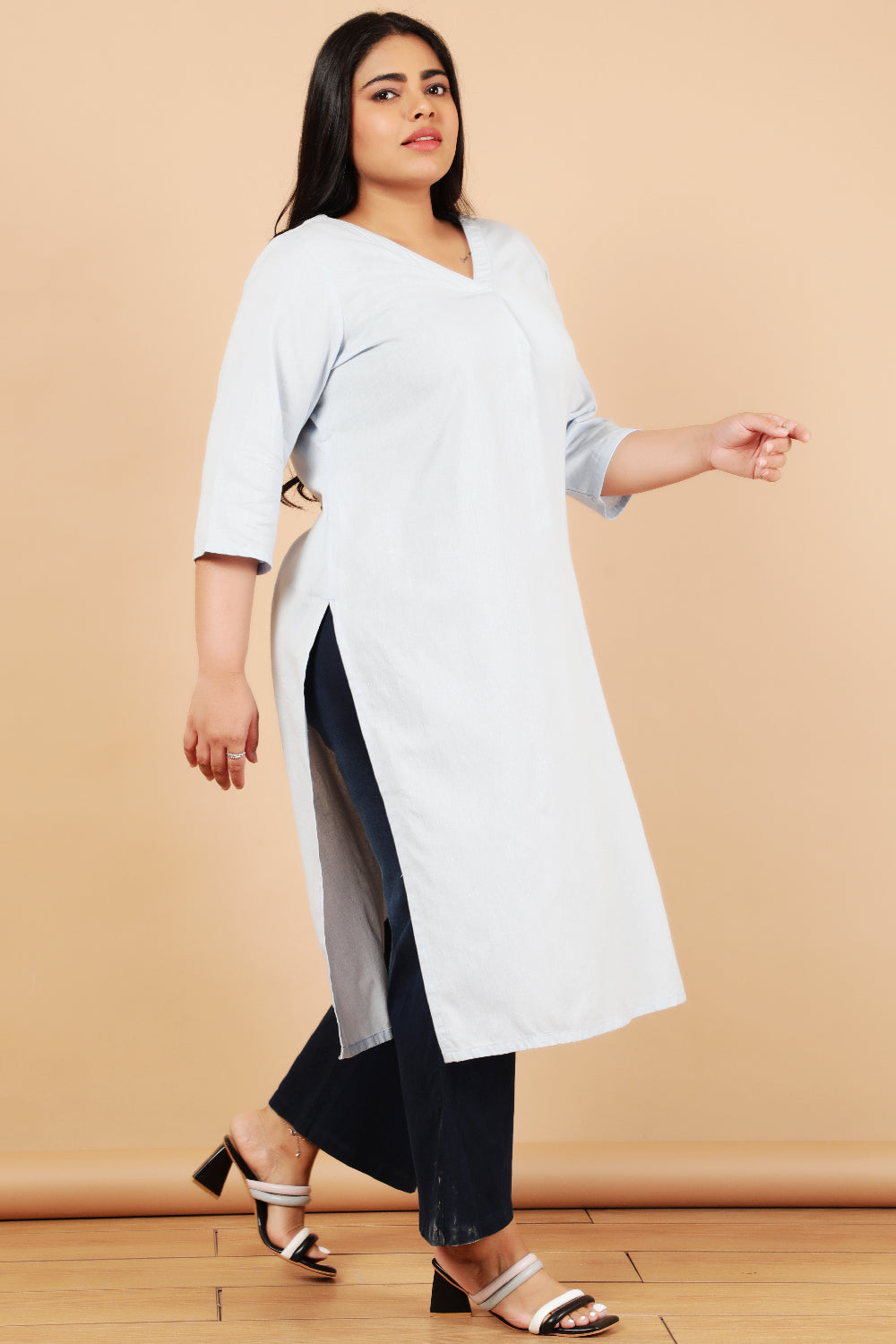 Sky Blue Cotton Linen V Neck Centre Pleat Kurti for Women