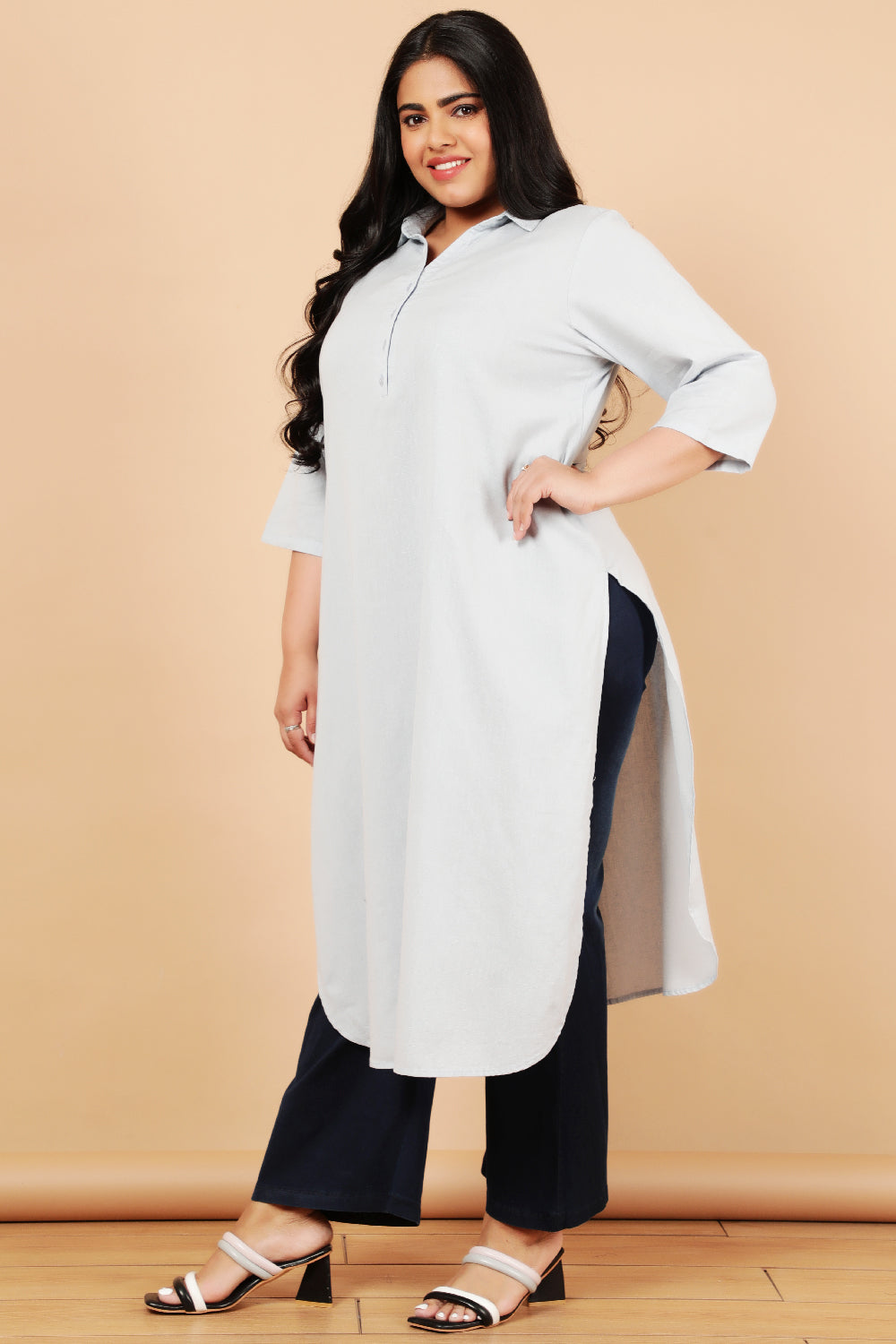 Plus Size Sky Blue Cotton Linen Collar Kurta