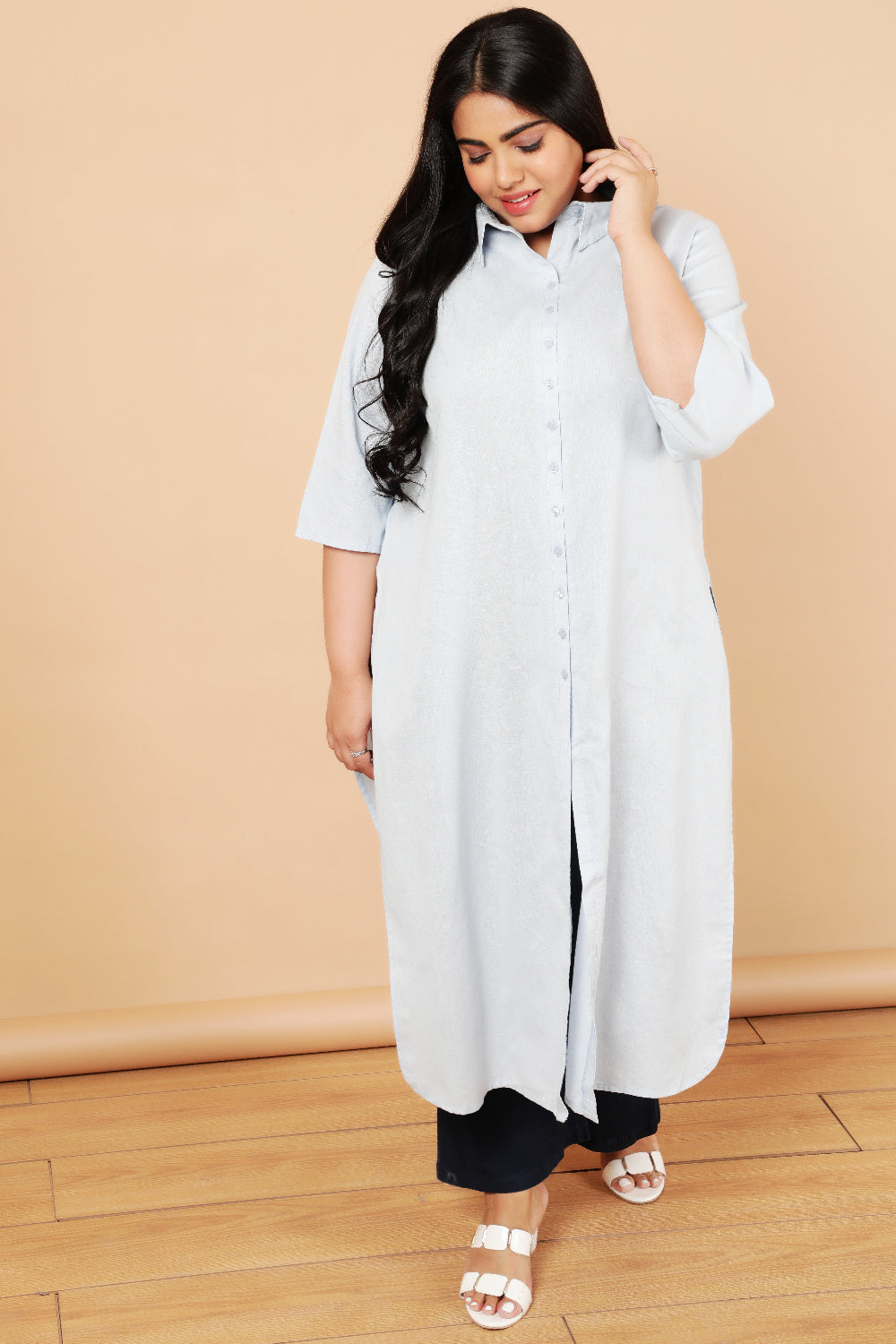 Sky Blue Cotton Linen Kurta Shrug for Women