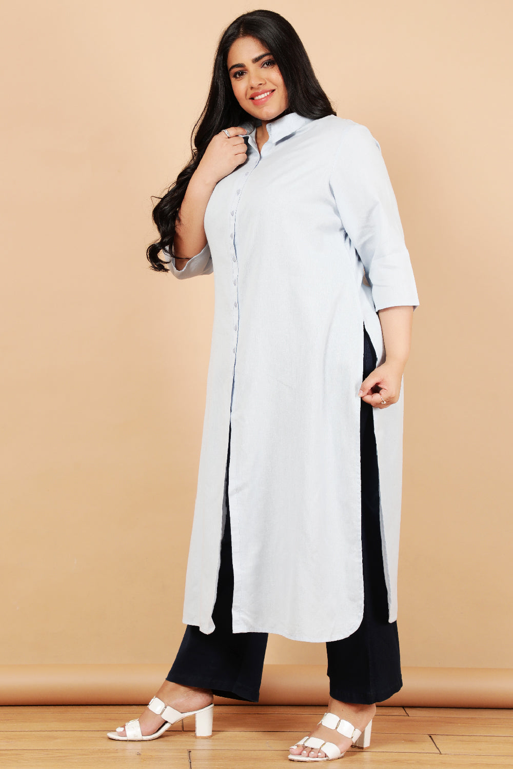 Sky Blue Cotton Linen Kurta Shrug