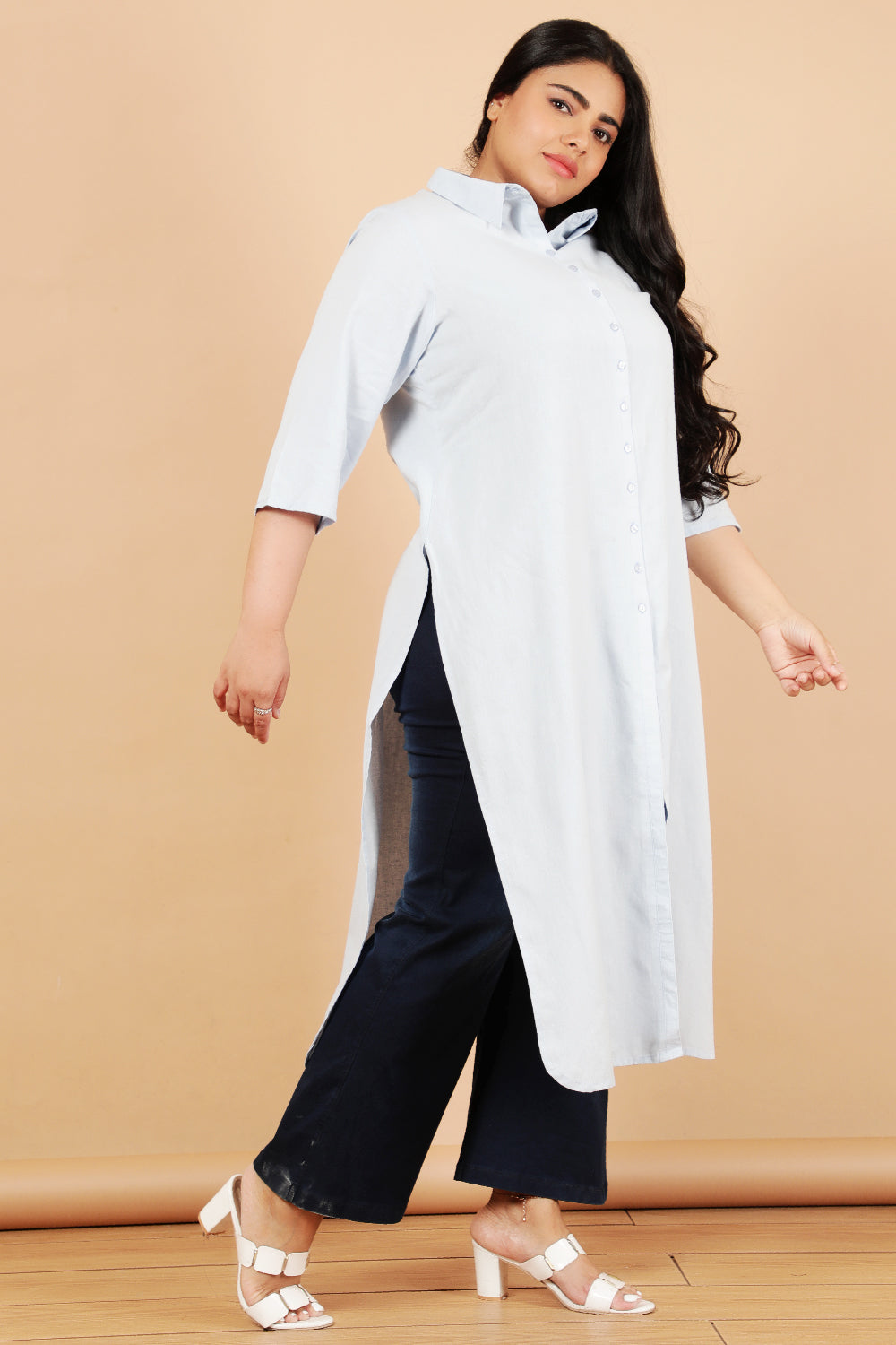 Comfortable Sky Blue Cotton Linen Kurta Shrug