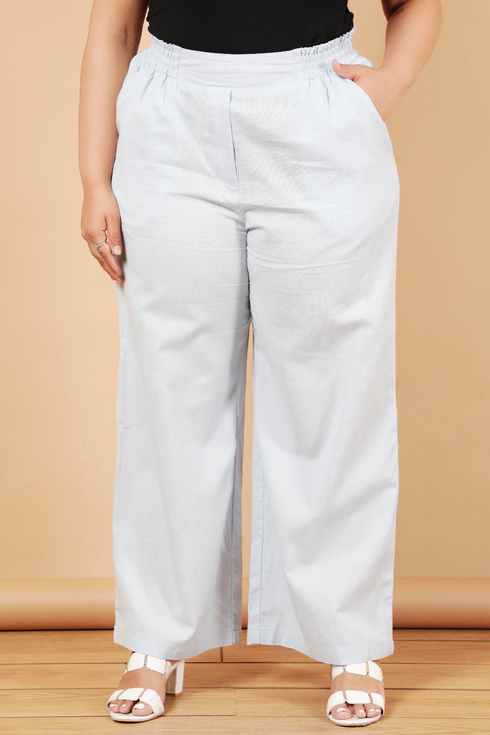 Plus Size Plus Size Sky Blue Cotton Linen Pants Online in India