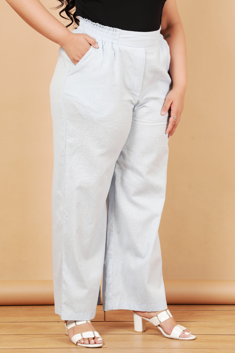 Plus Size Sky Blue Cotton Linen Pants for Women