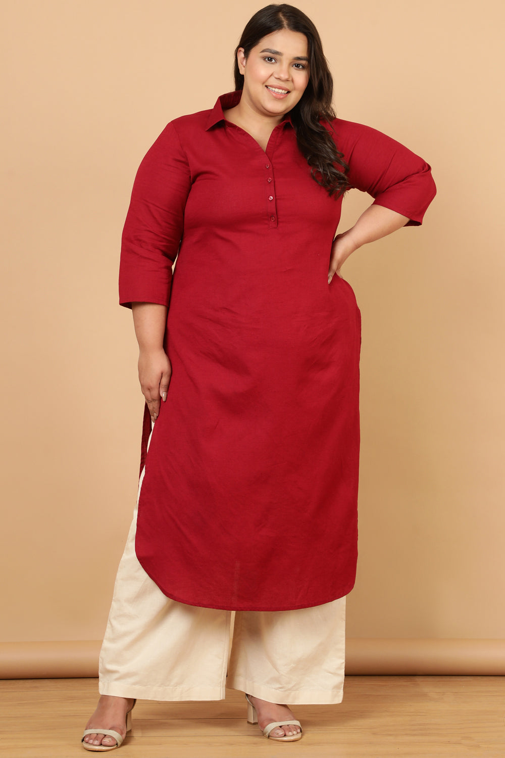 Plus Size Red Cotton Linen Collar Kurta