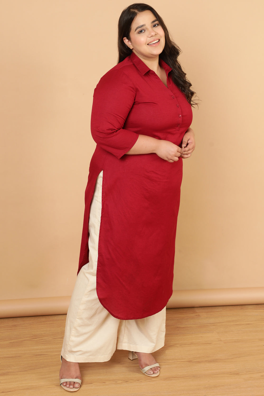 Buy Plus Size Red Cotton Linen Collar Kurta
