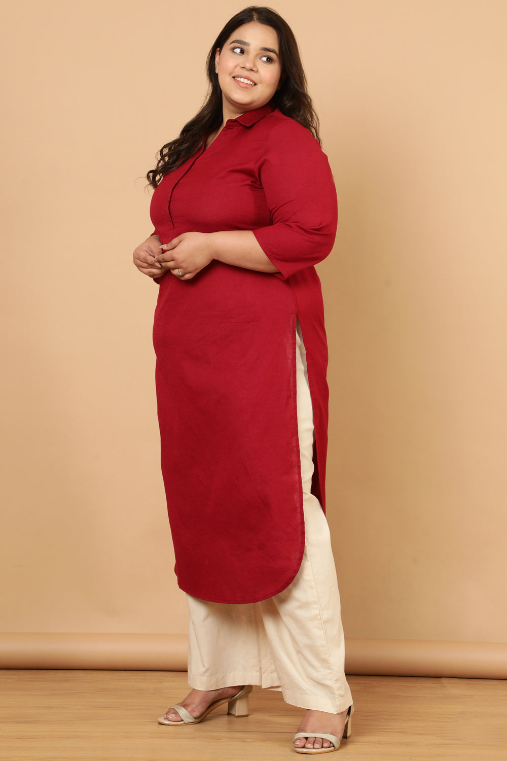 Plus Size Plus Size Red Cotton Linen Collar Kurta