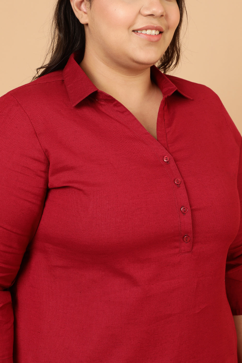 Plus Size Red Cotton Linen Collar Kurta for Women
