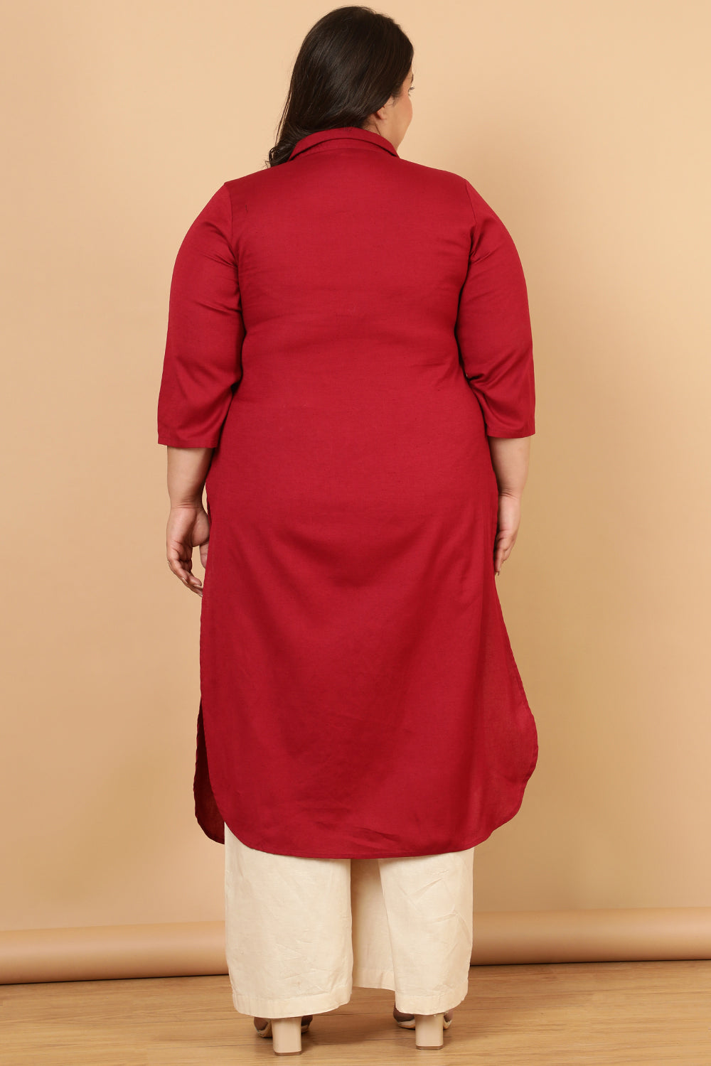 Comfortable Plus Size Red Cotton Linen Collar Kurta