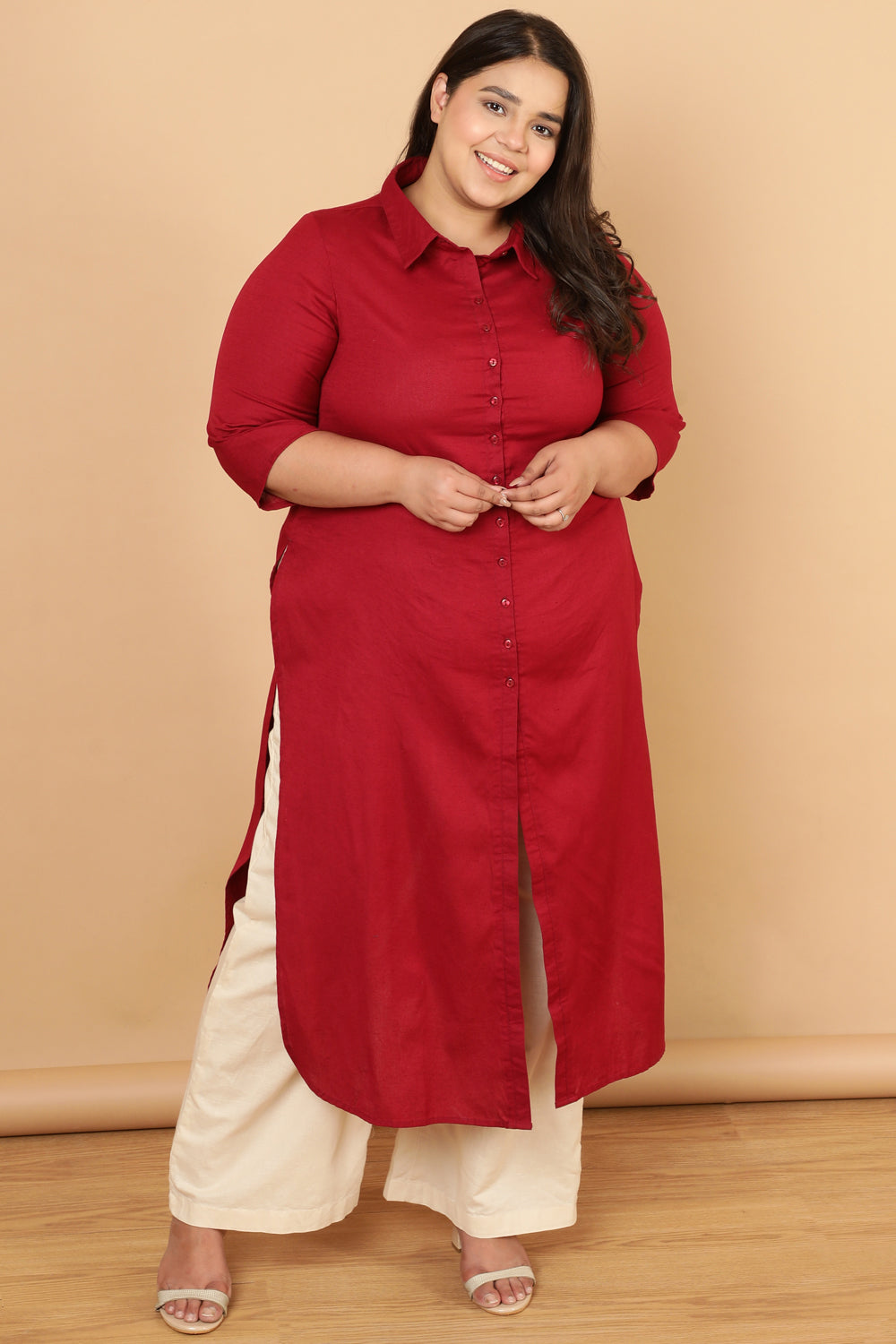 Red Cotton Linen Kurta Shrug