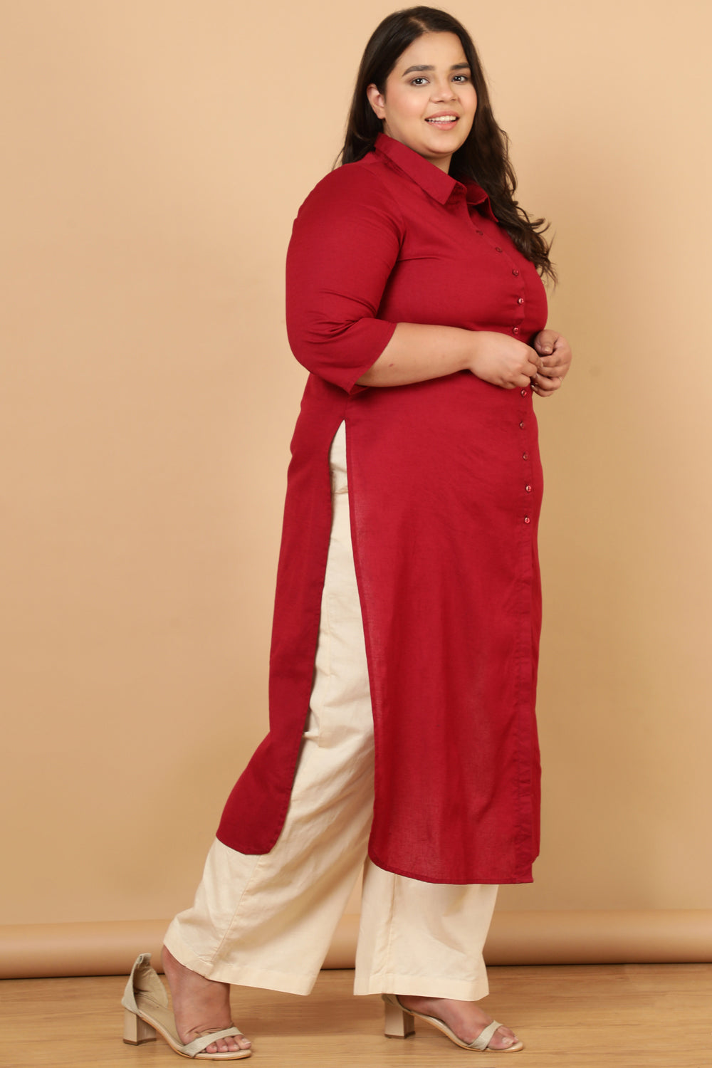 Plus Size Red Cotton Linen Kurta Shrug