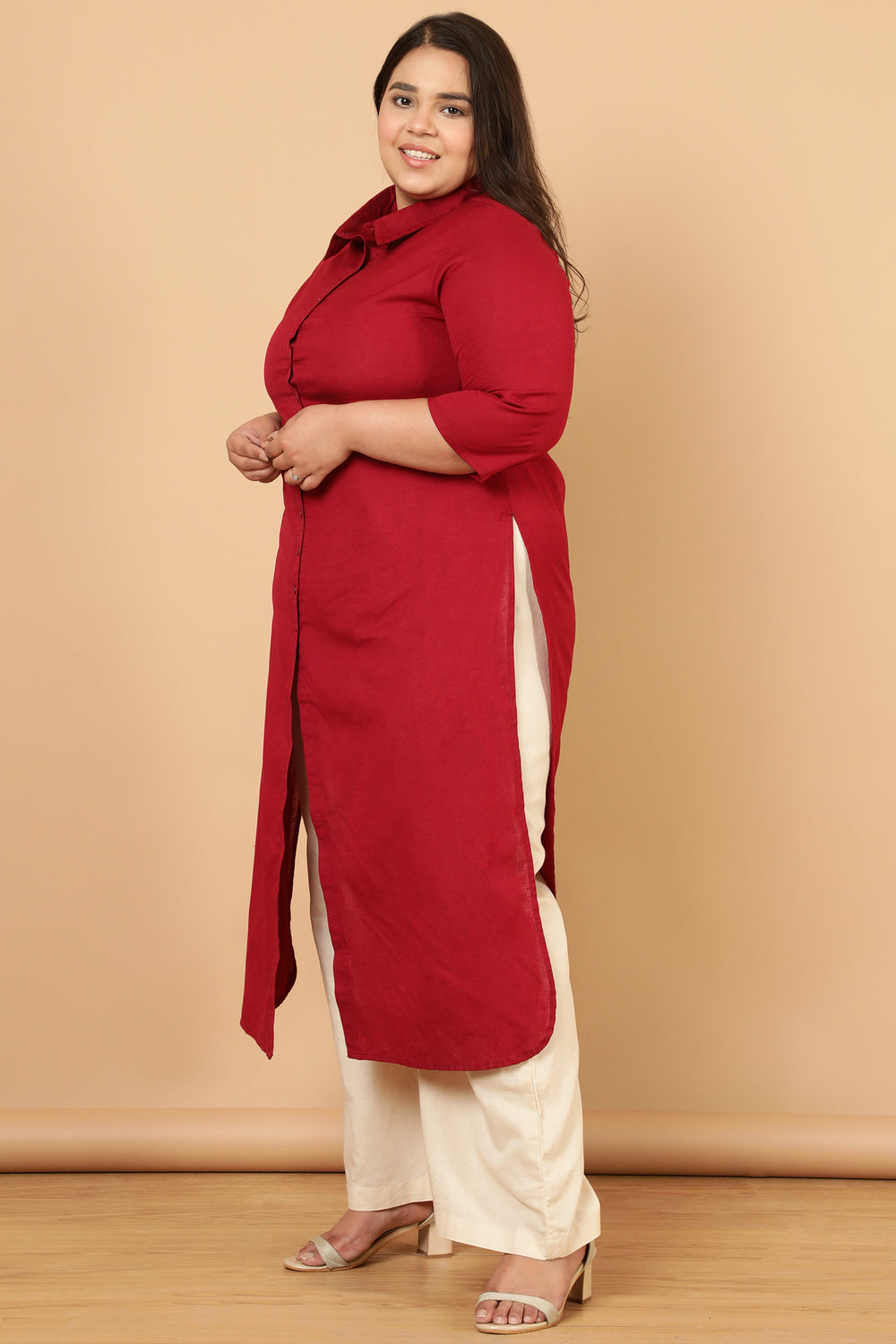 Red Cotton Linen Kurta Shrug for Women