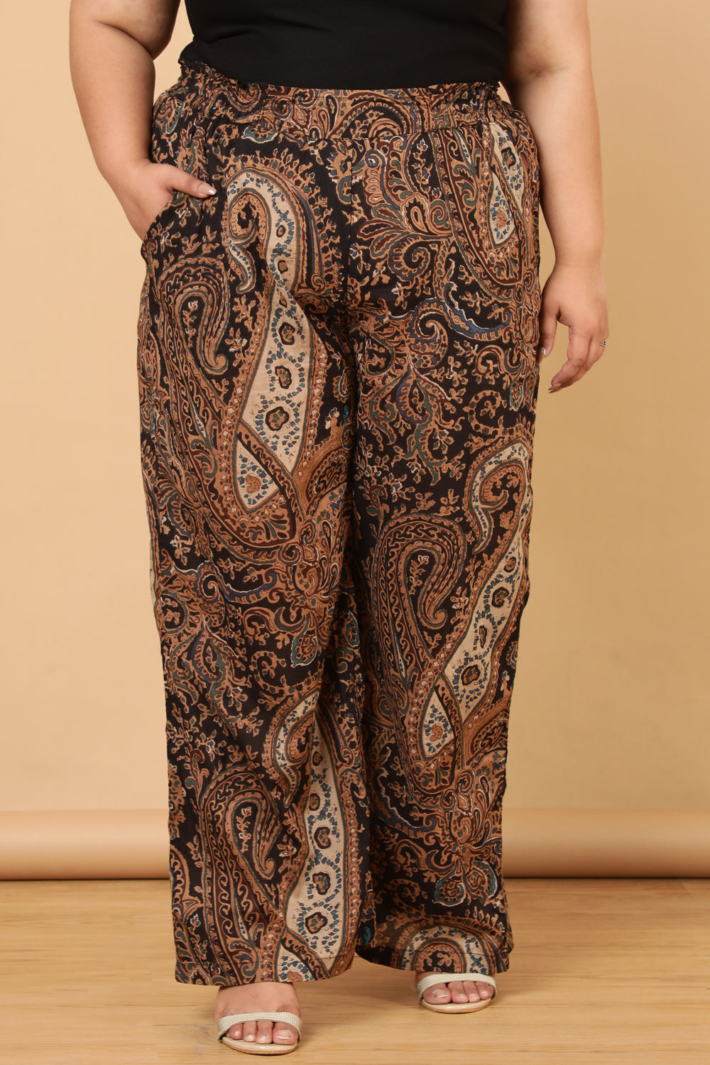 Plus Size Plus Size Black Paisley Print Cotton High Waist Pants