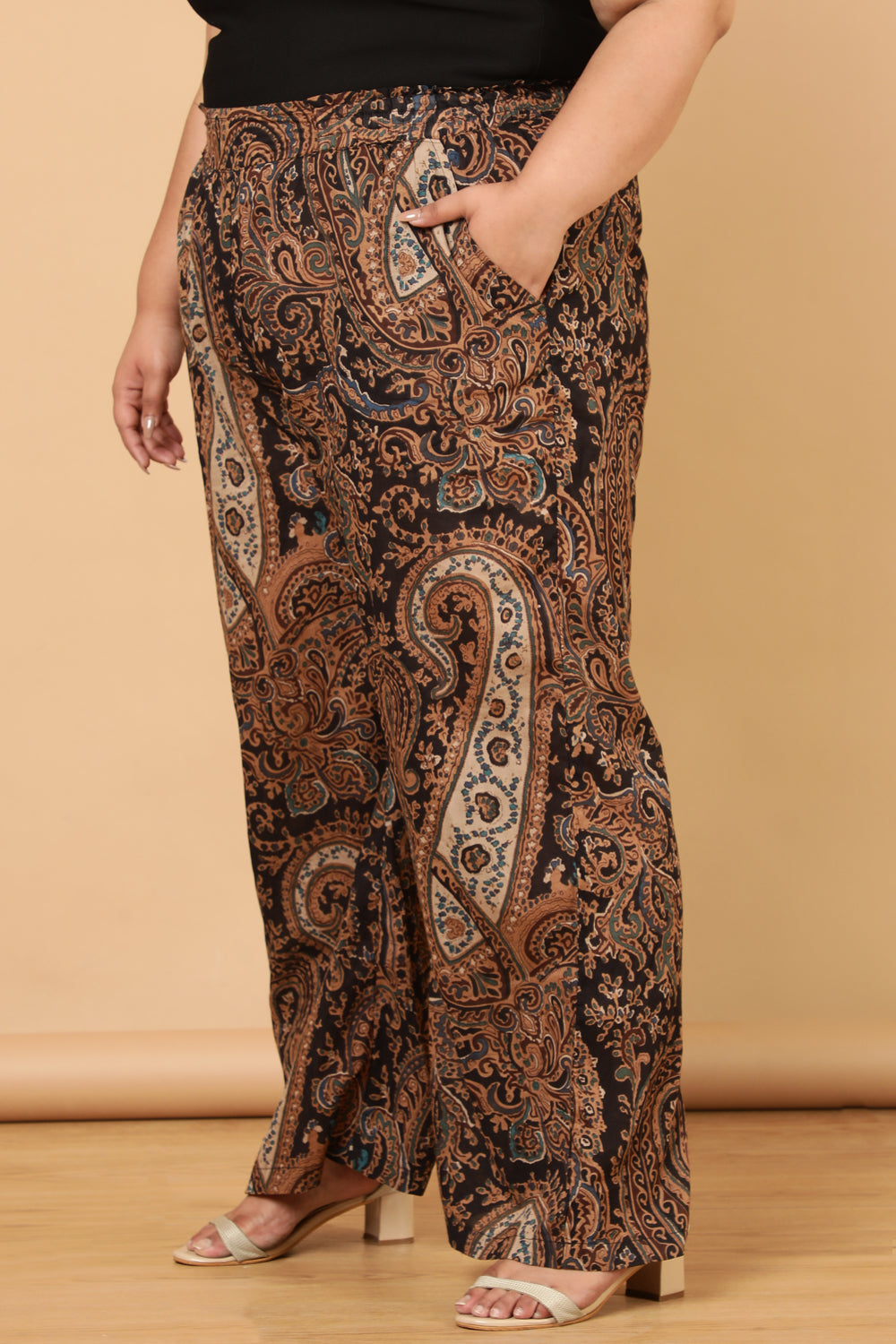Comfortable Plus Size Black Paisley Print Cotton High Waist Pants
