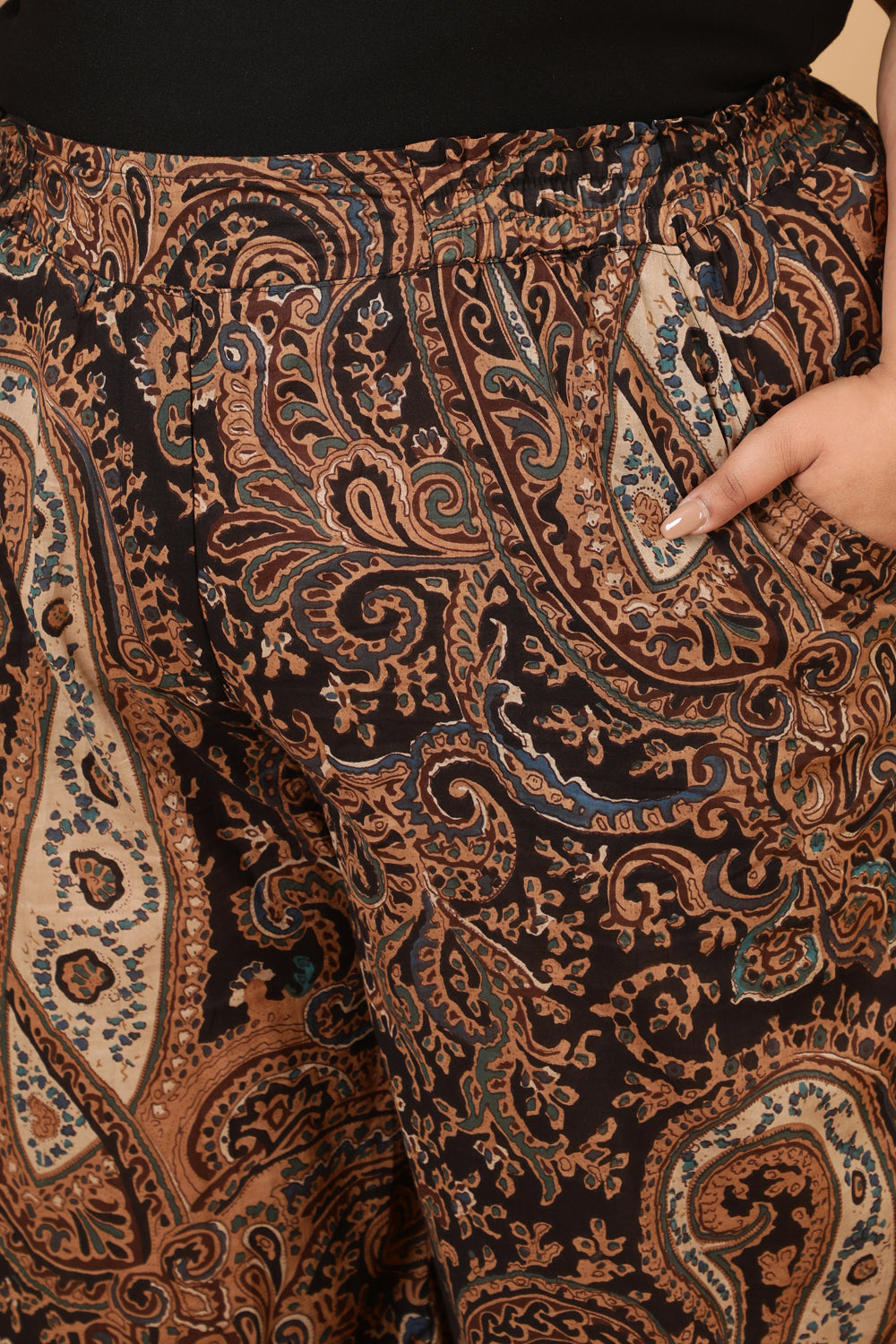 Plus Size Black Paisley Print Cotton High Waist Pants