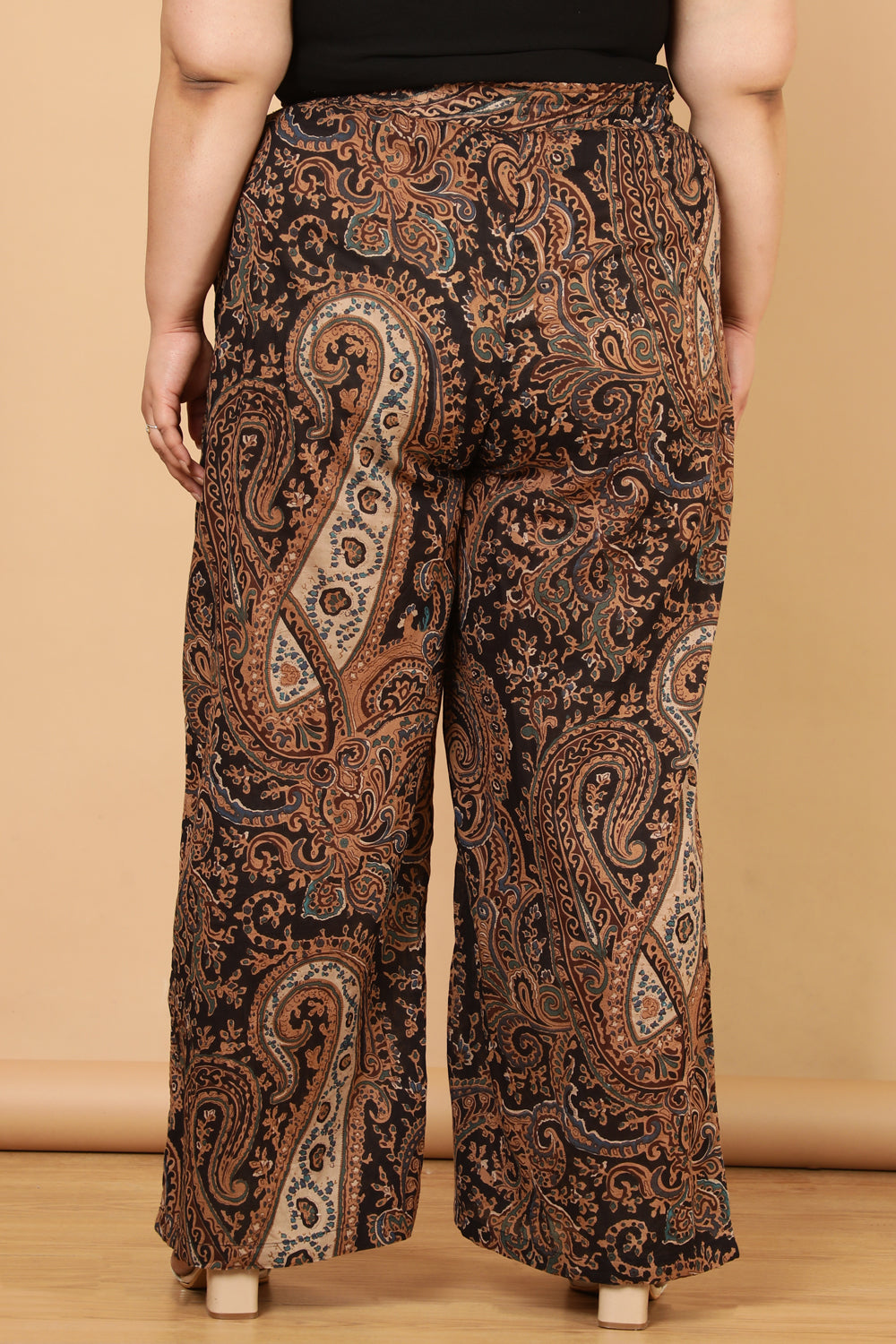 Plus Size Black Paisley Print Cotton High Waist Pants