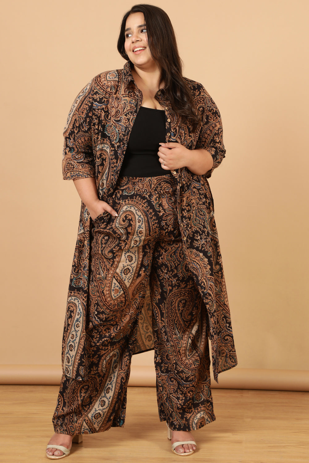 Buy Black Paisley Print Cotton Kurta Shrug
