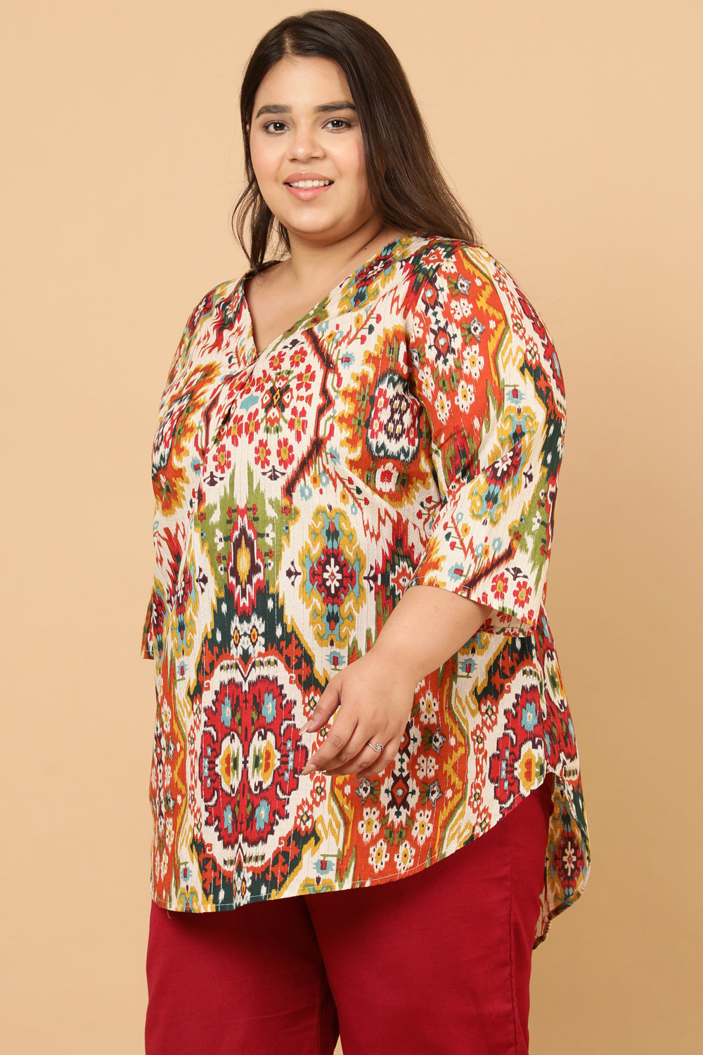 Comfortable Plus Size White Patola Print Cotton Top