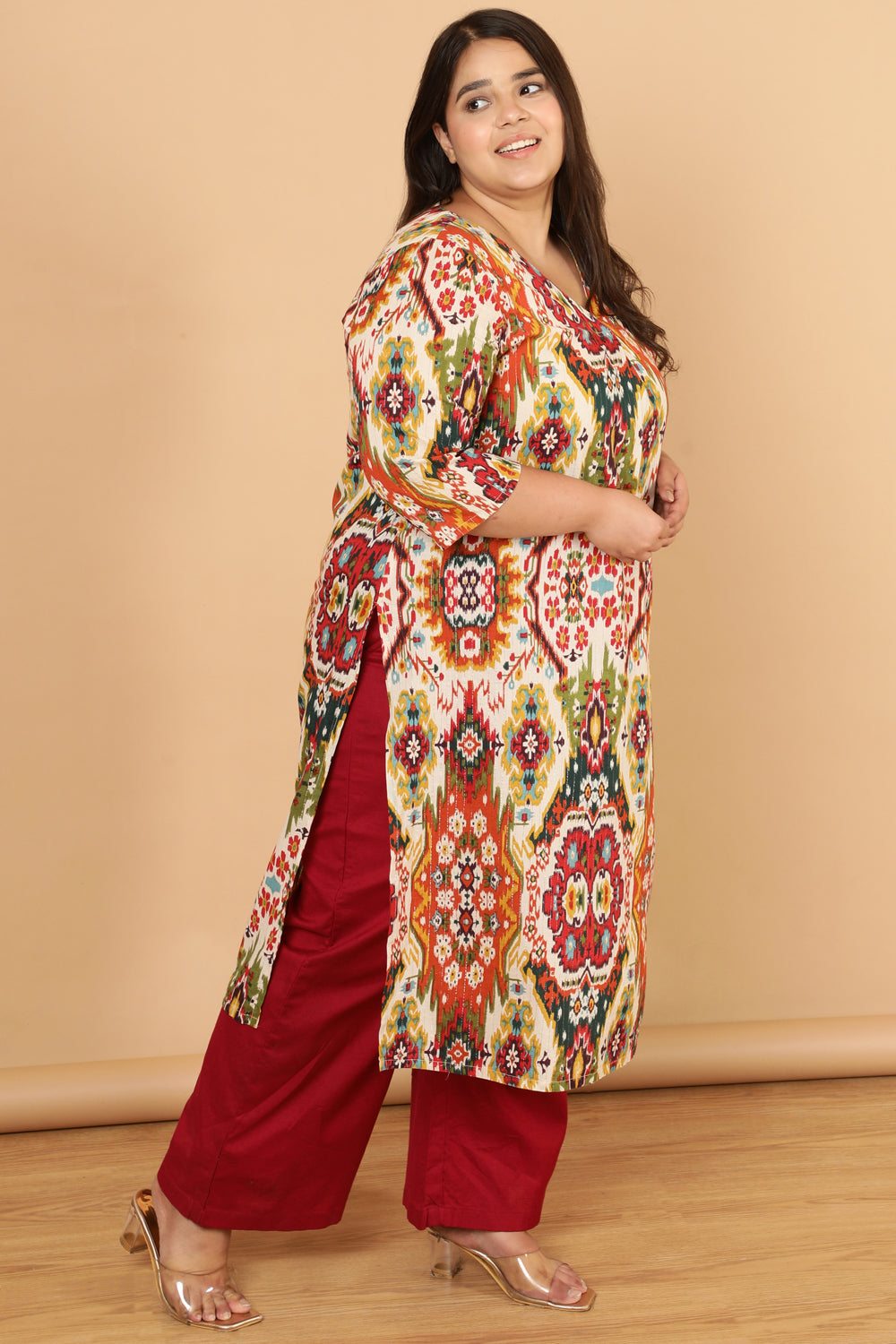 Plus Size Plus Size White Patola Print Cotton Kurta