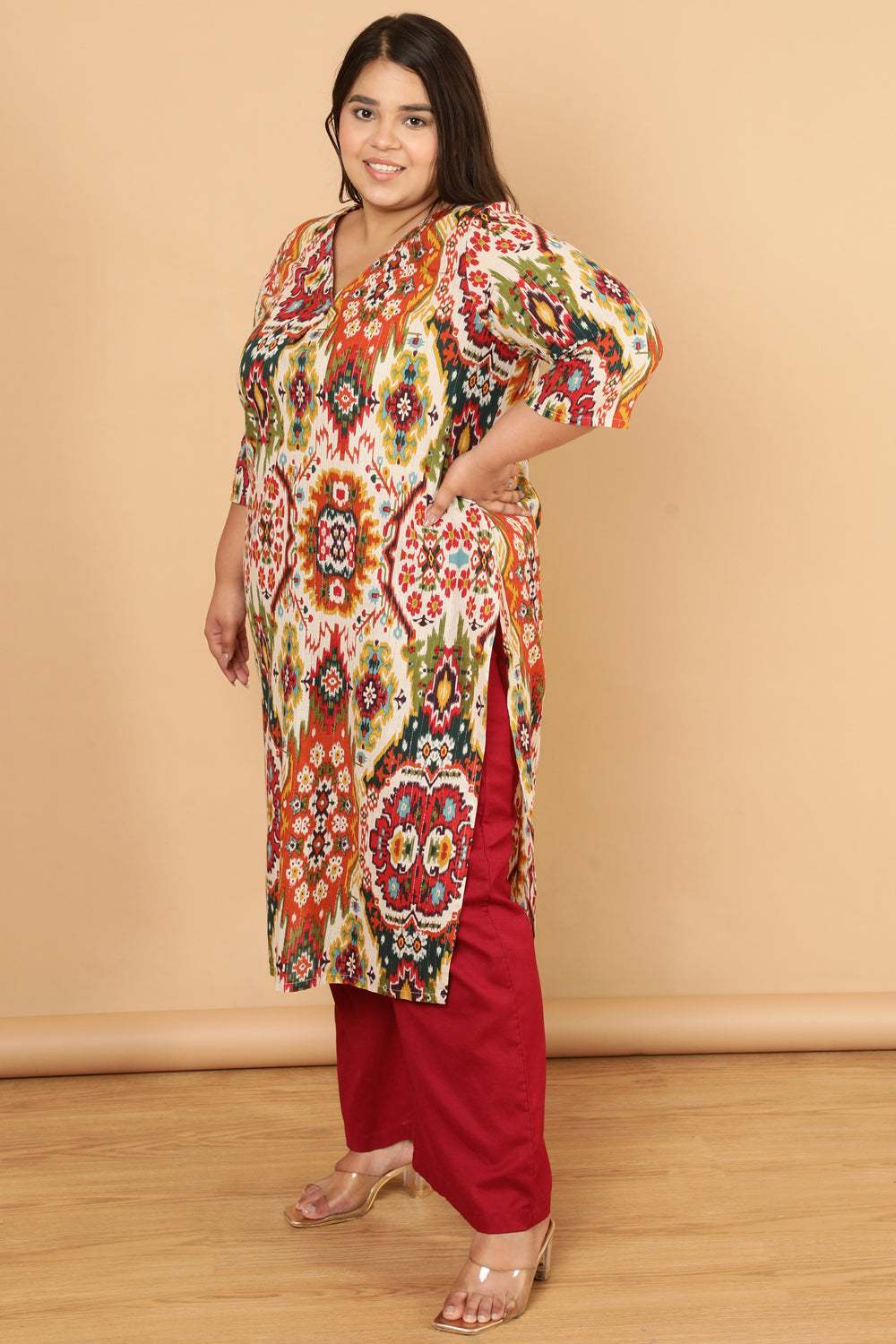Plus Size White Patola Print Cotton Kurta for Women