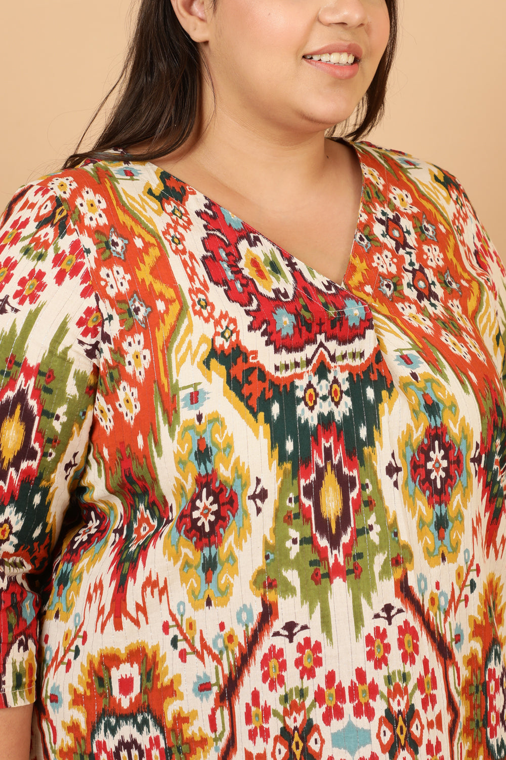 Comfortable Plus Size White Patola Print Cotton Kurta