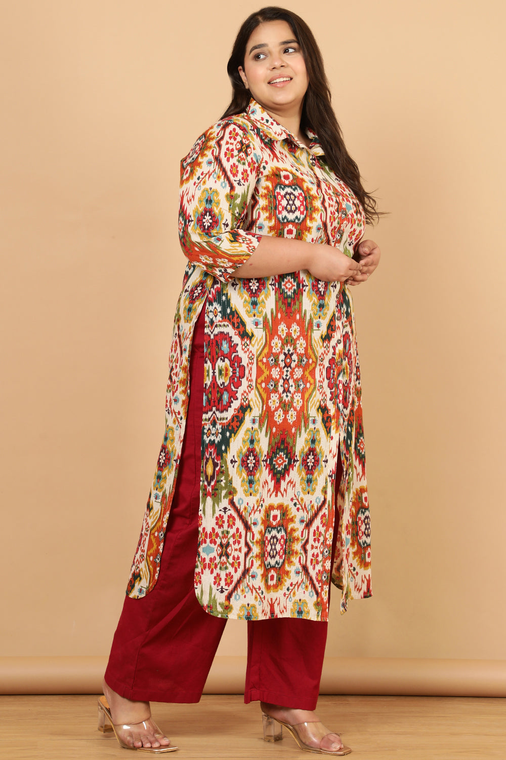 Plus Size White Patola Print Cotton Kurta Shrug