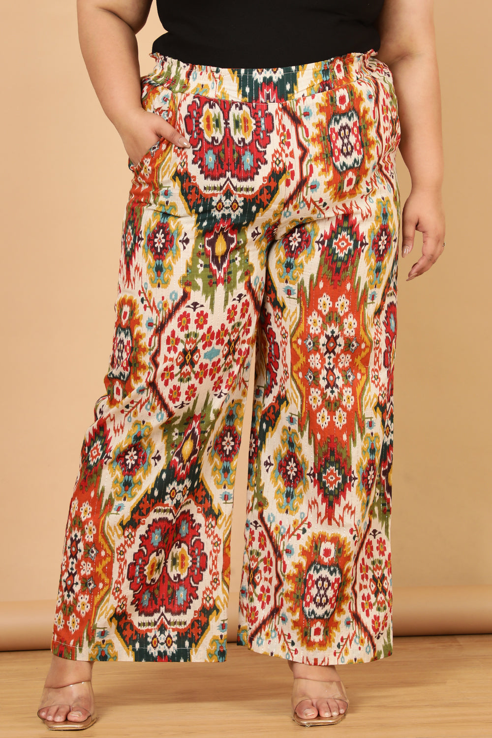 Plus Size Plus Size White Patola Print Cotton High Waist Pants