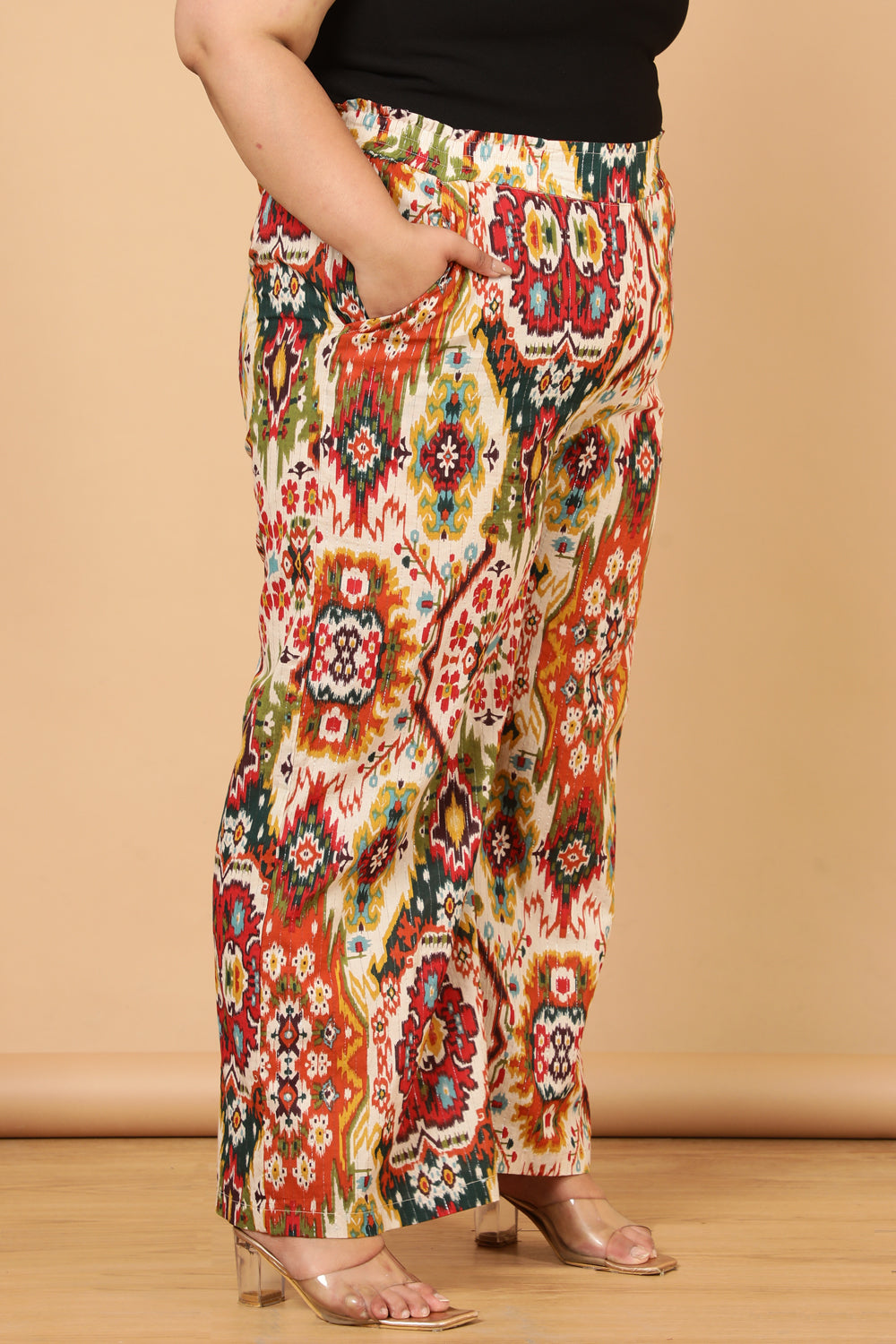Plus Size White Patola Print Cotton High Waist Pants for Women