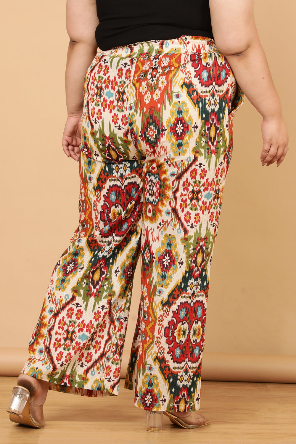 Plus Size White Patola Print Cotton High Waist Pants