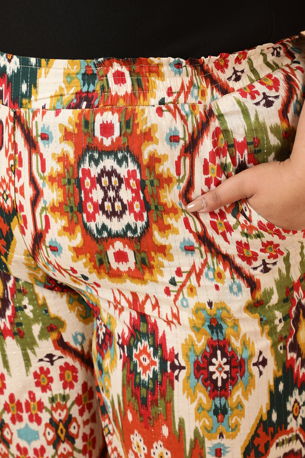 Plus Size White Patola Print Cotton High Waist Pants