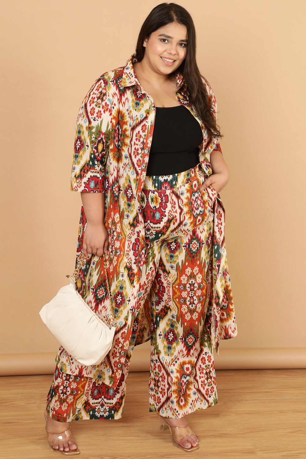 Buy Plus Size White Patola Print Cotton High Waist Pants