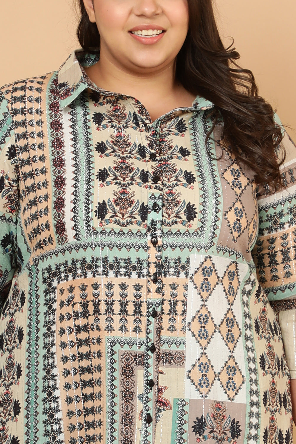 Green White Ethnic Scarf Print Cotton Kurta Shrug for Women