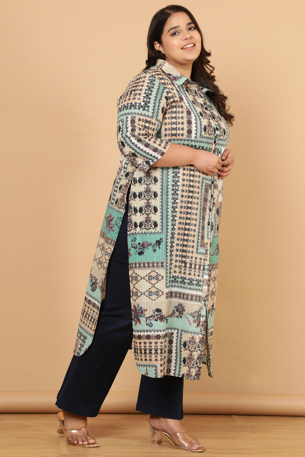 Plus Size Green White Ethnic Scarf Print Cotton Kurta Shrug