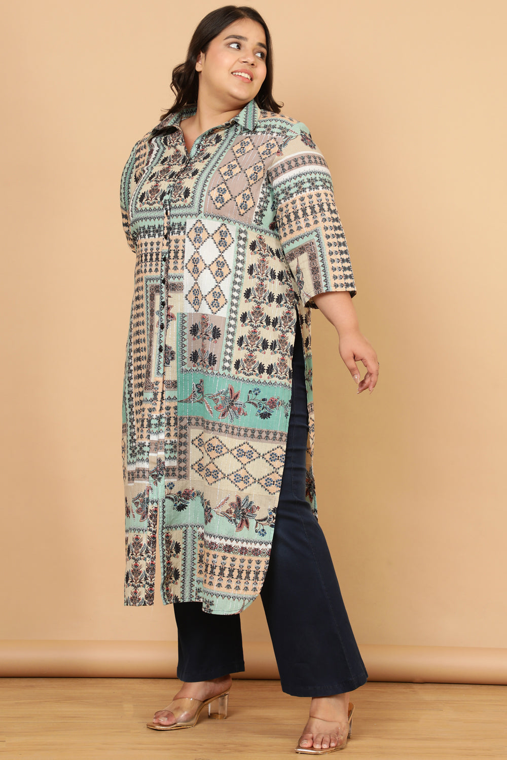 Buy Green White Ethnic Scarf Print Cotton Kurta Shrug