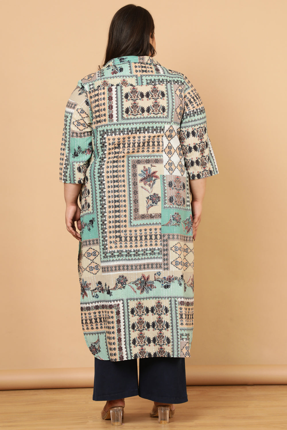 Comfortable Green White Ethnic Scarf Print Cotton Kurta Shrug