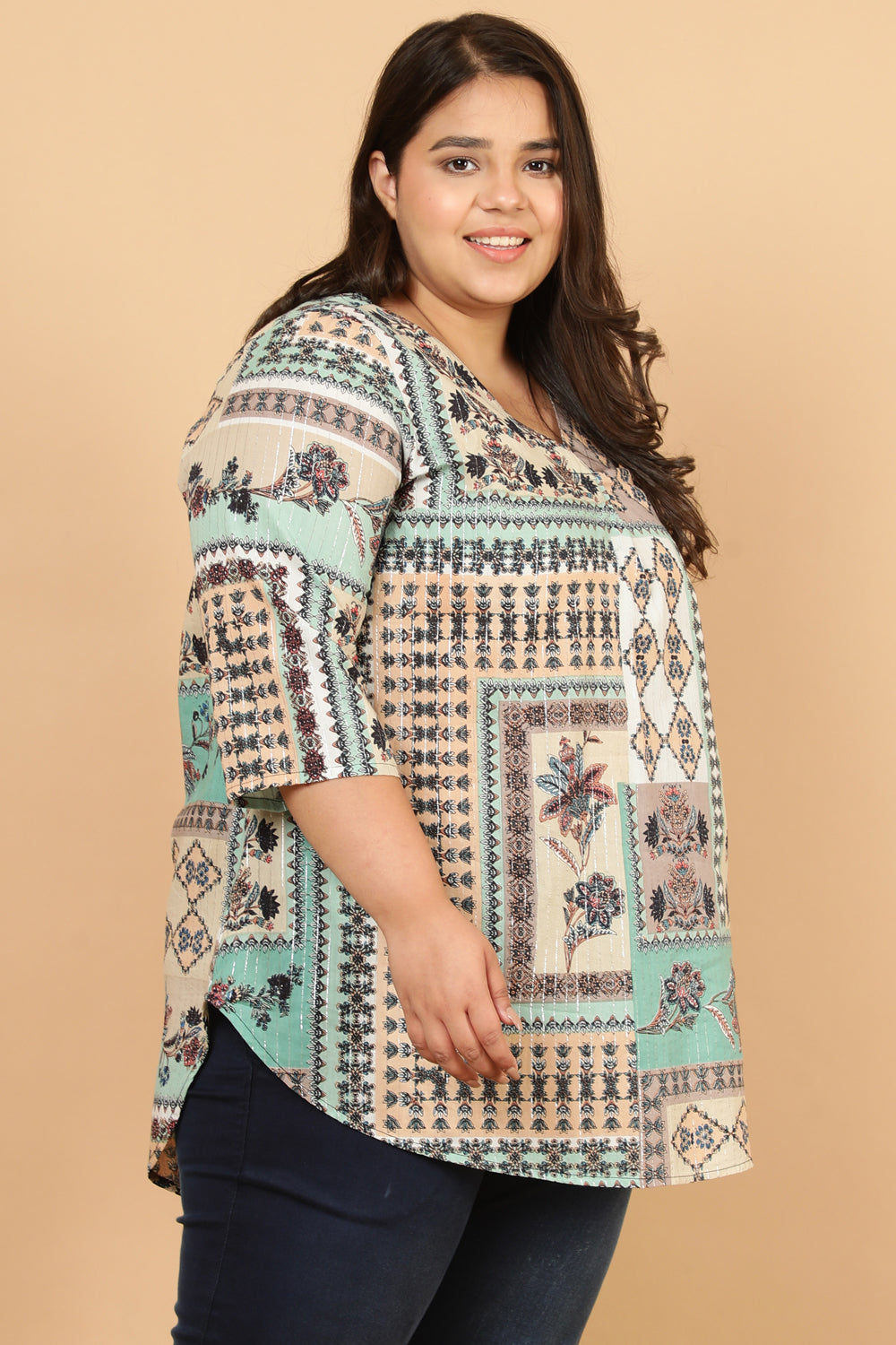 Comfortable Green White Ethnic Scarf Print Cotton Top