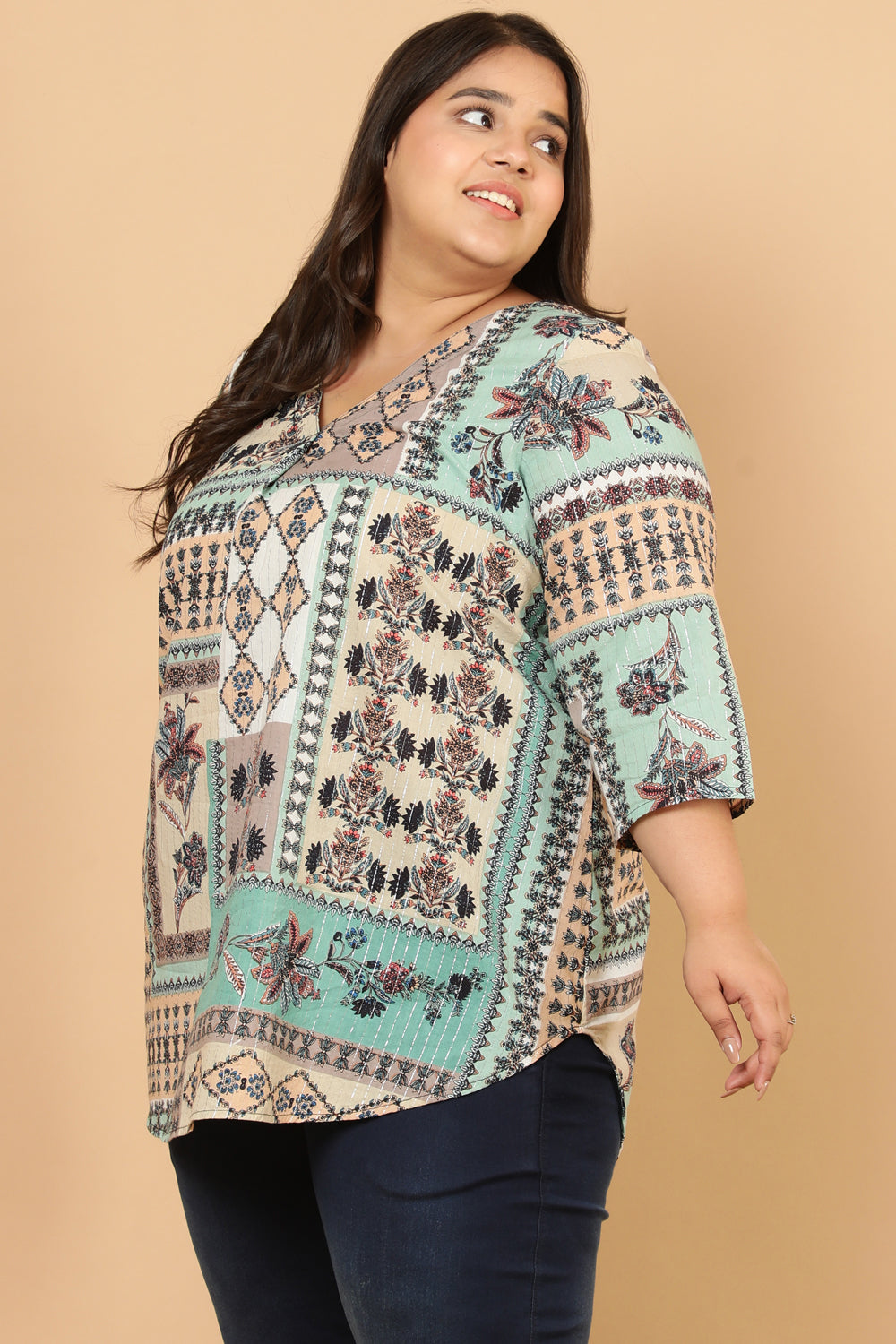 Green White Ethnic Scarf Print Cotton Top