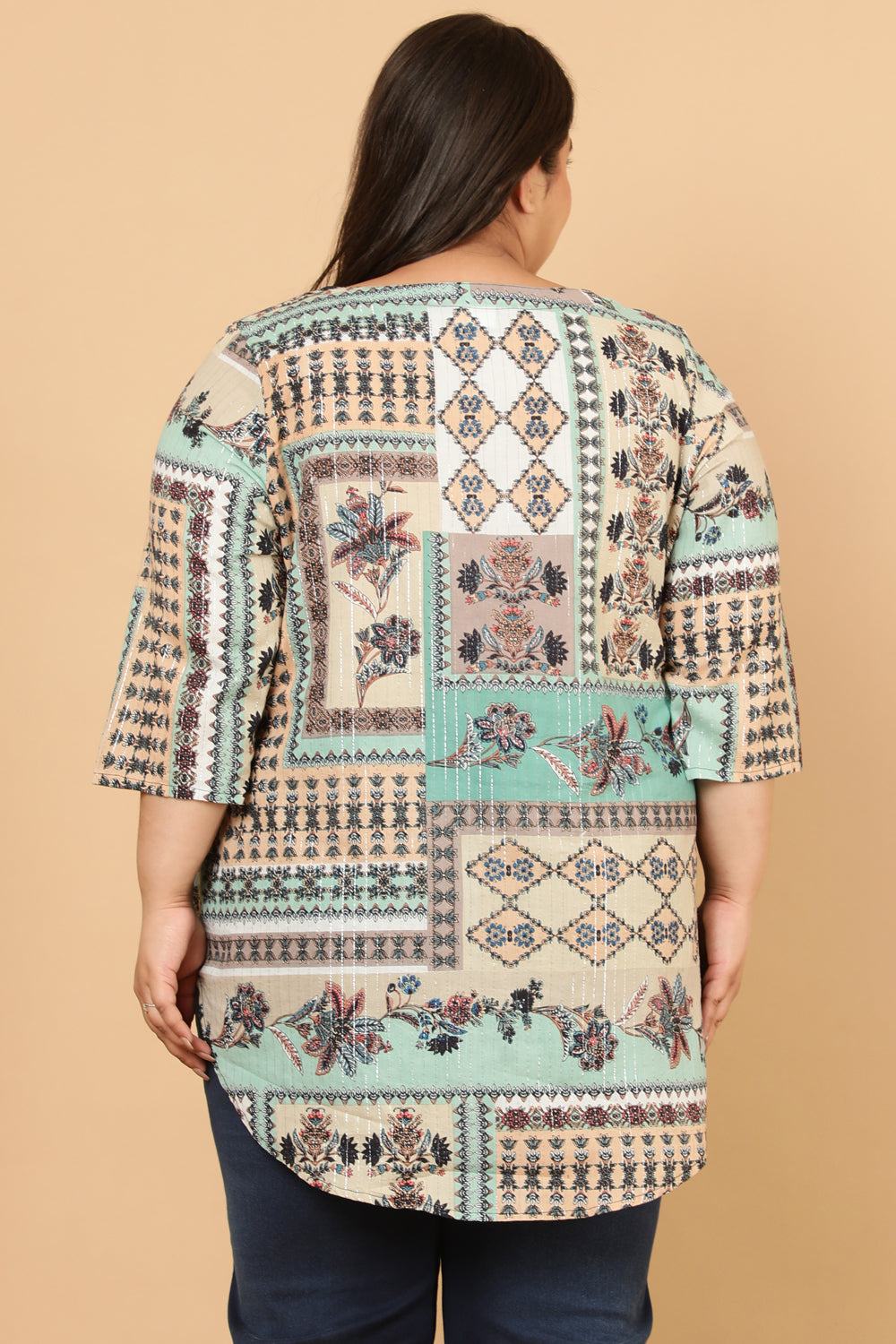 Green White Ethnic Scarf Print Cotton Top
