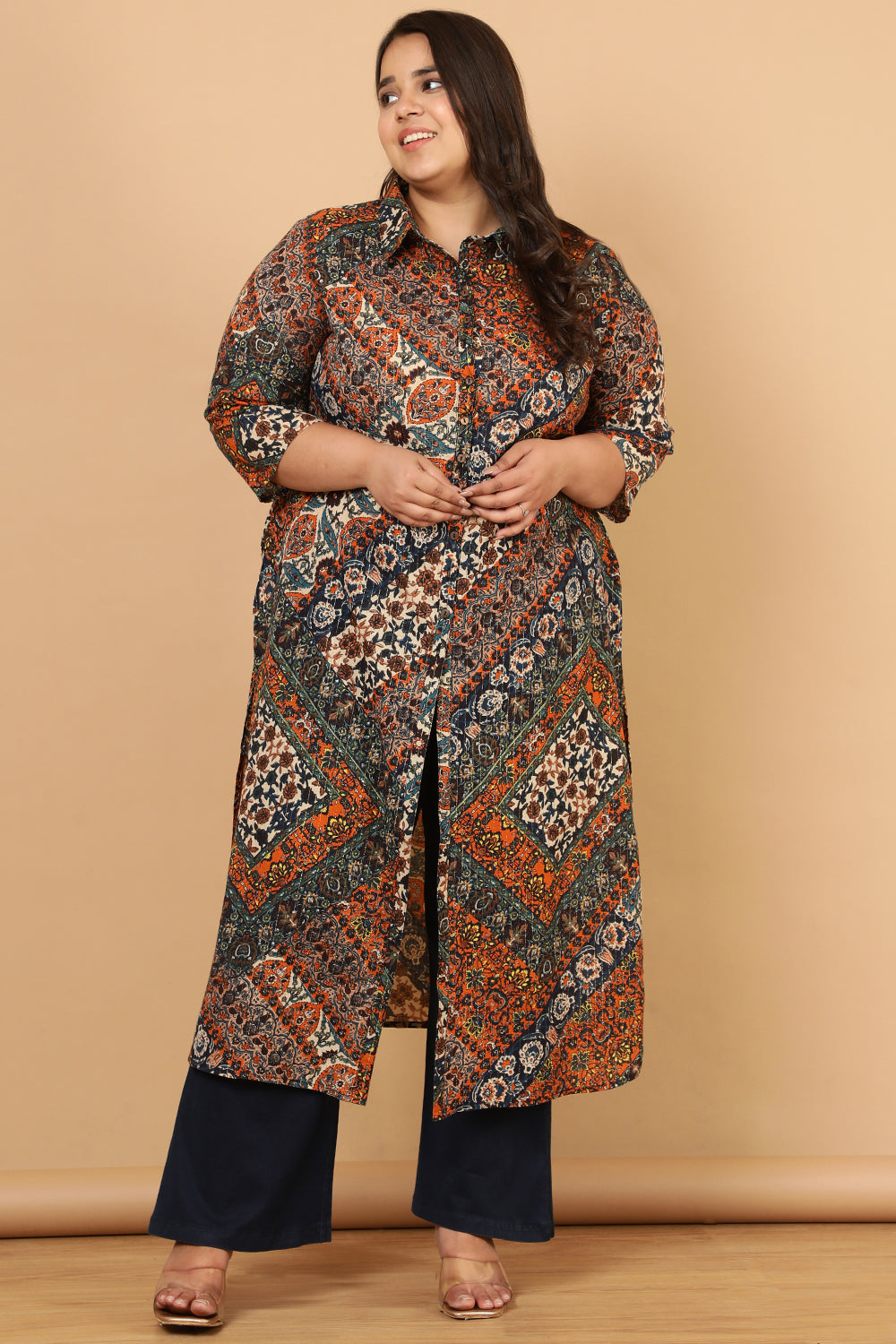 Plus Size Ethnic Print Cotton Kurta Shrug