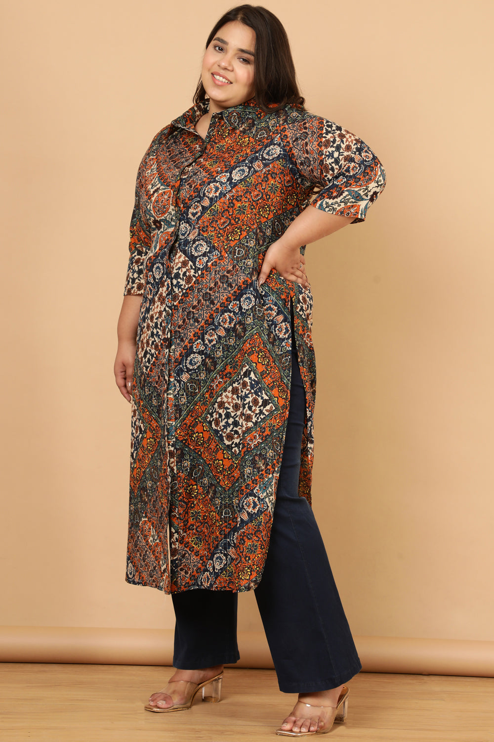 Comfortable Ethnic Print Cotton Kurta Shrug