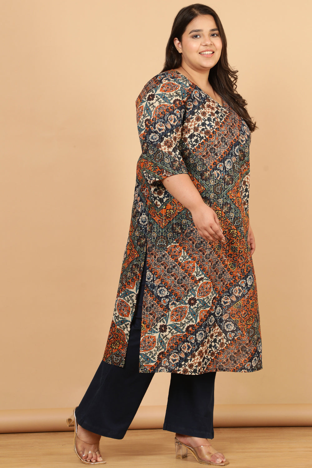 Plus Size Plus Size Ethnic Print Cotton Kurta