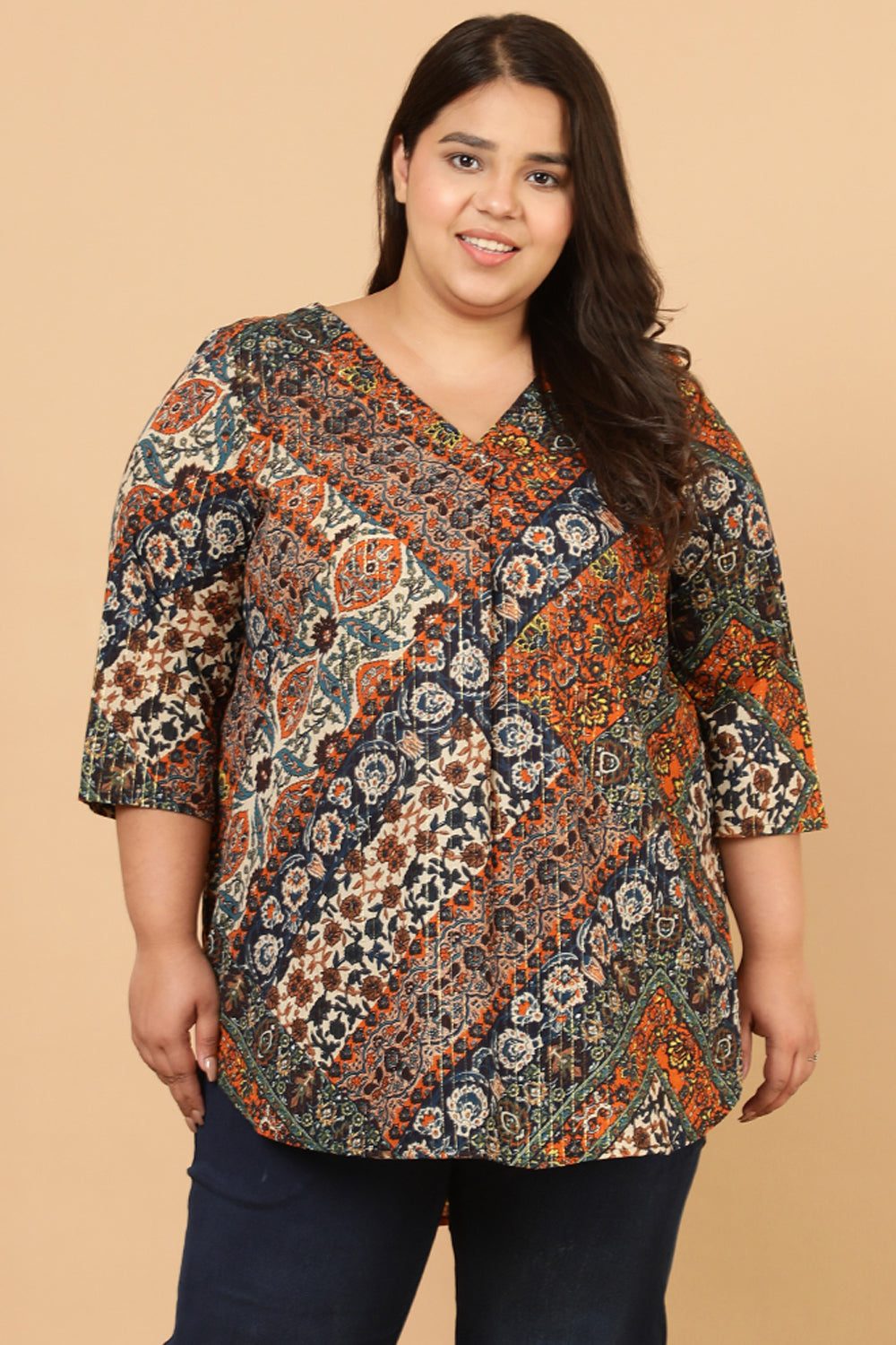 Plus Size Plus Size Ethnic Print Cotton Top