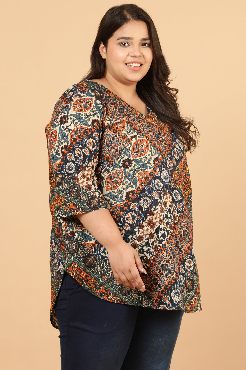 Comfortable Plus Size Ethnic Print Cotton Top
