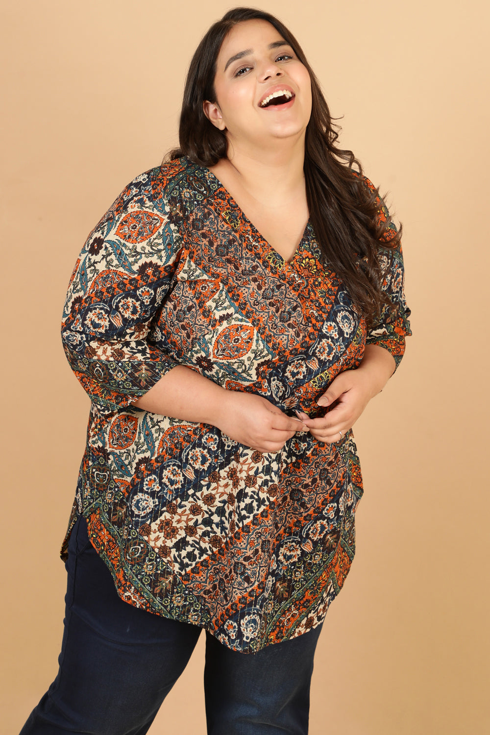 Plus Size Ethnic Print Cotton Top
