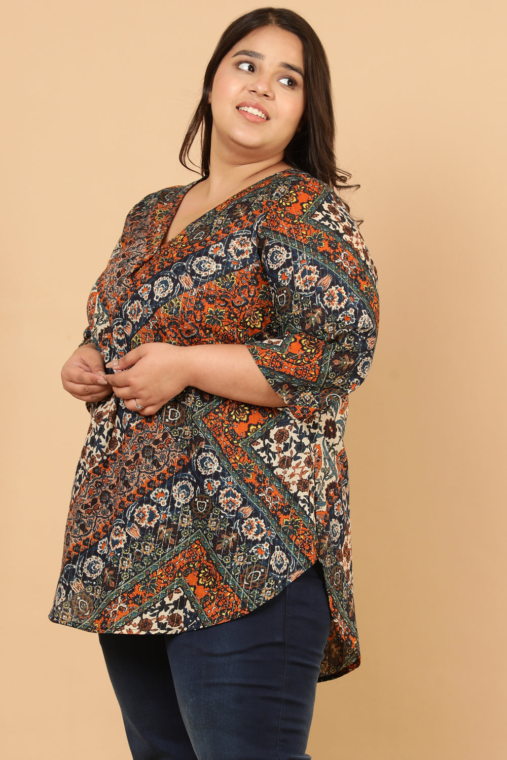 Plus Size Ethnic Print Cotton Top