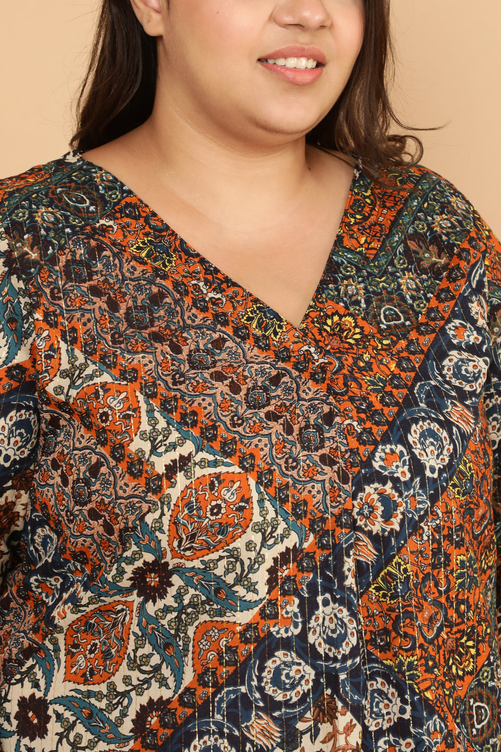 Plus Size Ethnic Print Cotton Top